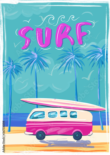 Van with surfboards on the background of palm trees