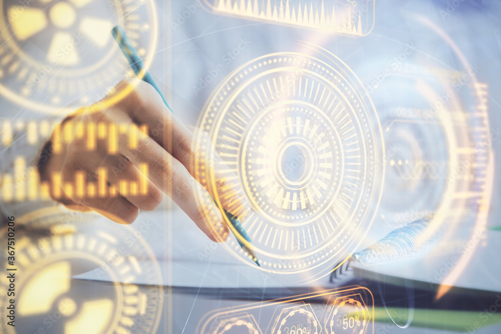 Fototapeta premium Tech theme hologram over woman's hands taking notes background. Concept of hightech. Double exposure