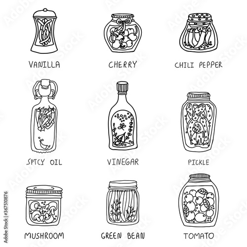 Preserved food in glass jars and bottles vector objects. Homemade canned vegetables and berries. Hand drawn kitchen storage food.