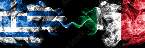 Greece vs Italy  Italian smoky mystic flags placed side by side. Thick colored silky abstract smoke flags.