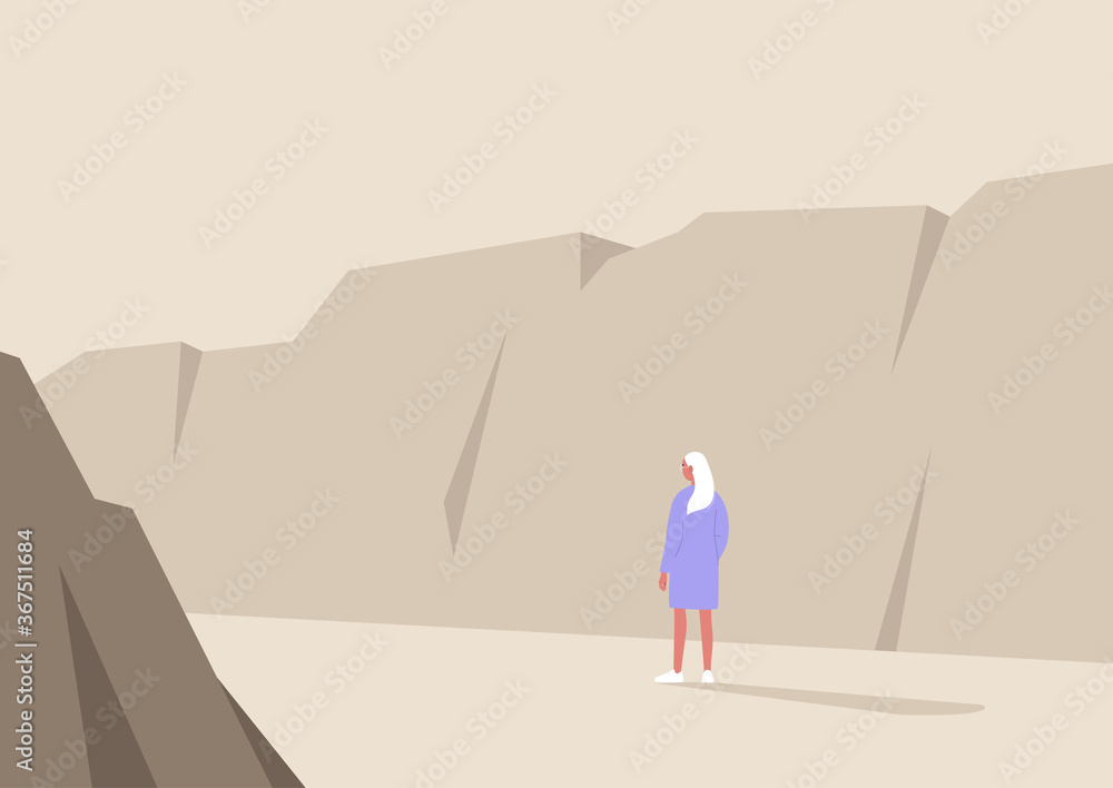 Young female character hiking in wild nature, canyon landscape, travel scene, national park Young female character hiking in wild nature, canyon landscape, travel scene, national park