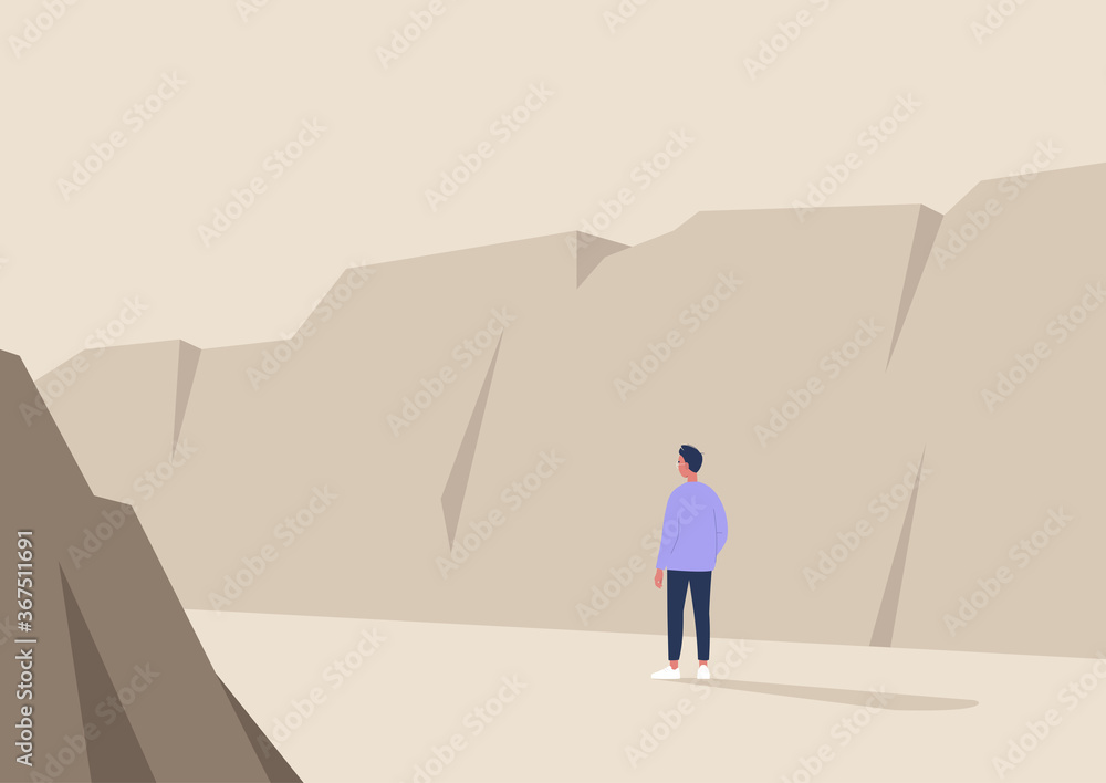 Obraz premium Young male character hiking in wild nature, canyon landscape, travel scene, national park