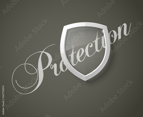Protection font lettering & transparent shield concept. Safety badge icon. Privacy banner shield. Security label. Defense shield tag. Presentation sticker shape. illustration background