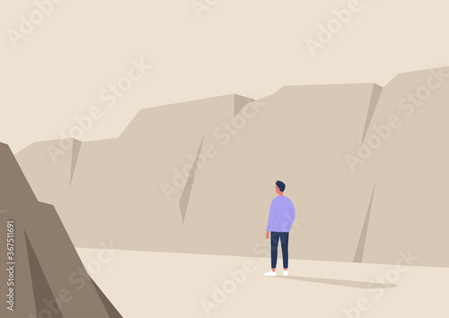 Young male character hiking in wild nature, canyon landscape, travel scene, national park