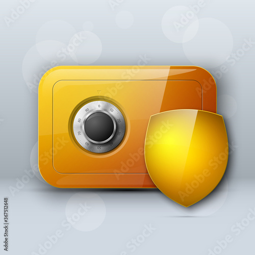 Protection shield strongbox. Safety badge banking. Defense safeguard finans icon. Security bank software. Financial savings guard. Privacy Electronic money funds transfer. Deposits and investments