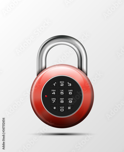 realistic closed padlock. Steel Mechanical Combination lock. Privacy padlock illustration. Enter the PIN code. Electronic lock icon. Reliable Protection padlock badge. Code combination symbol