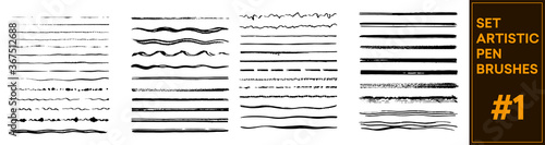 Set of artistic pen brushes. Vintage doodle underlines. Hand drawn grunge strokes. Scribble marker borders, sketch underlines. Set of black strokes. Ink brush drawing. Isolated grunge brushes. Vector