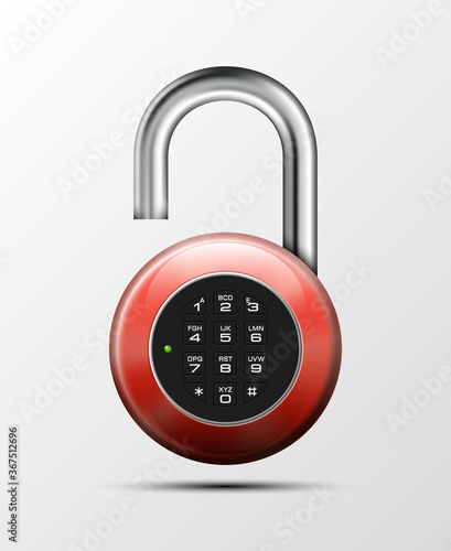 realistic opened padlock. Steel Mechanical Combination lock. Privacy padlock illustration. Enter the PIN code. Electronic open lock icon. Reliable padlock Protection badge. Code combination symbol