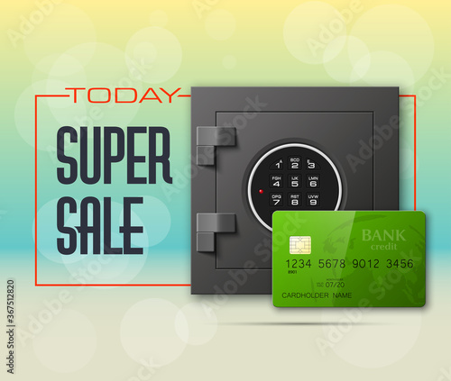Credit card & Electronic lock picture. Bank door card & image combination lock front side banner. Plastic card & steel safe. Debit card & electromagnetic locking devices chip. Online payment banner