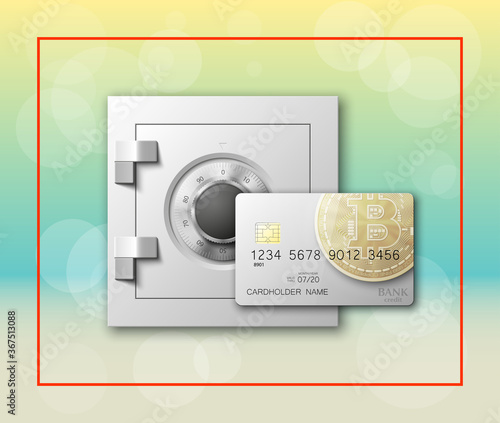 Credit card bitcoin & Electronic lock. Bank door card & combination lock front side banner. Plastic card & steel safe. Debit card & electromagnetic locking chip. Digital currency money Online payment