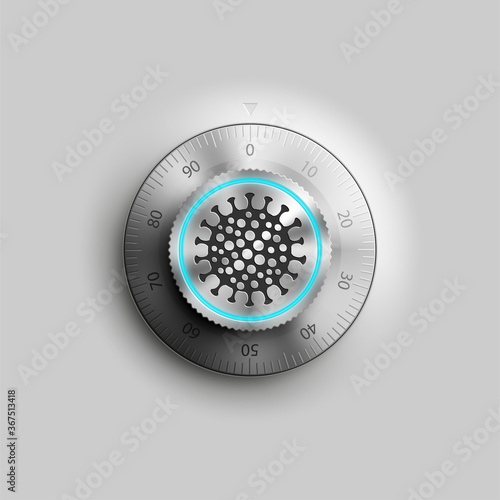 Realistic close round safe lock with coronavirus pandemic SARS-Cov-2 icon on bacground. Steel Combination lock disease COVID-19. illustration