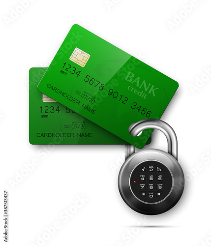 Credit card and safe combination lock. Protection banking finans. Security Plastic Debit card software. Electronic money funds transfer