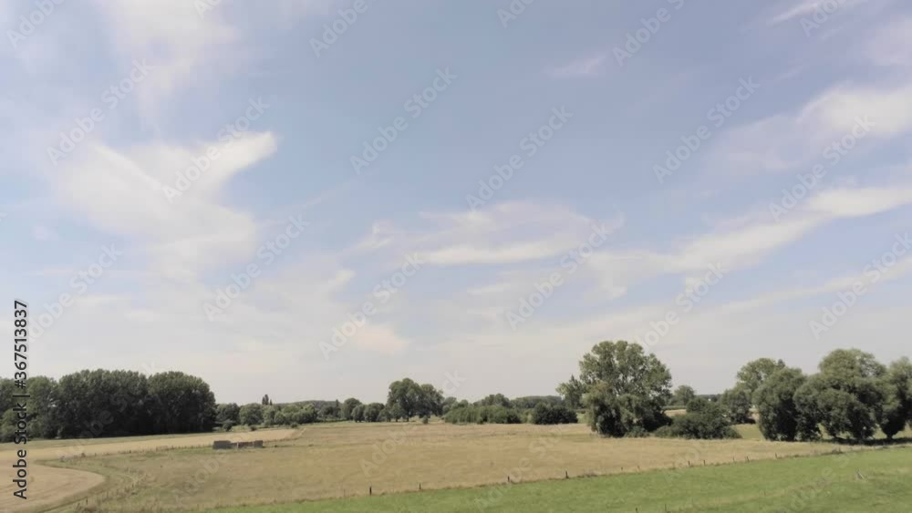 Flying Over The Vast Field With Green Trees In The Rural Landscape In Flanders, Belgium - drone tilt-up shot Flying Over The Vast Field With Green Trees In The Rural Landscape In Flanders, Belgium - drone tilt-up shot