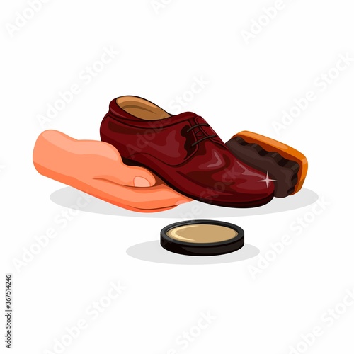 Shoe cleaning. hand holding shoe with brush and polish gel symbol in cartoon illustration vector isolated in white background