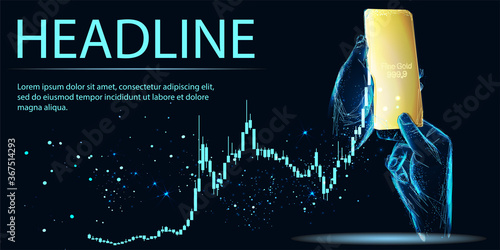Gold bar in hand. Illustration dark blue background. Business concept, polygonal wireframe closeup vector