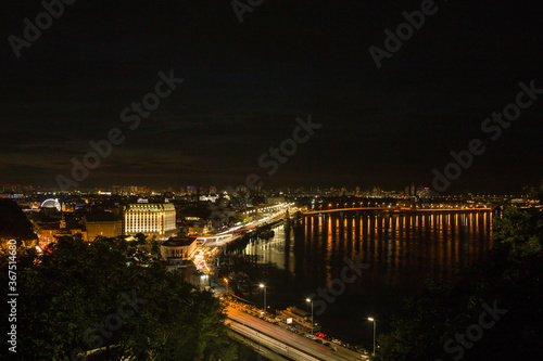 Beautiful View of the Dnieper river  Naberezhno-Kreschatitska street in Kiev  Ukraine. Night panorama of Kyiv