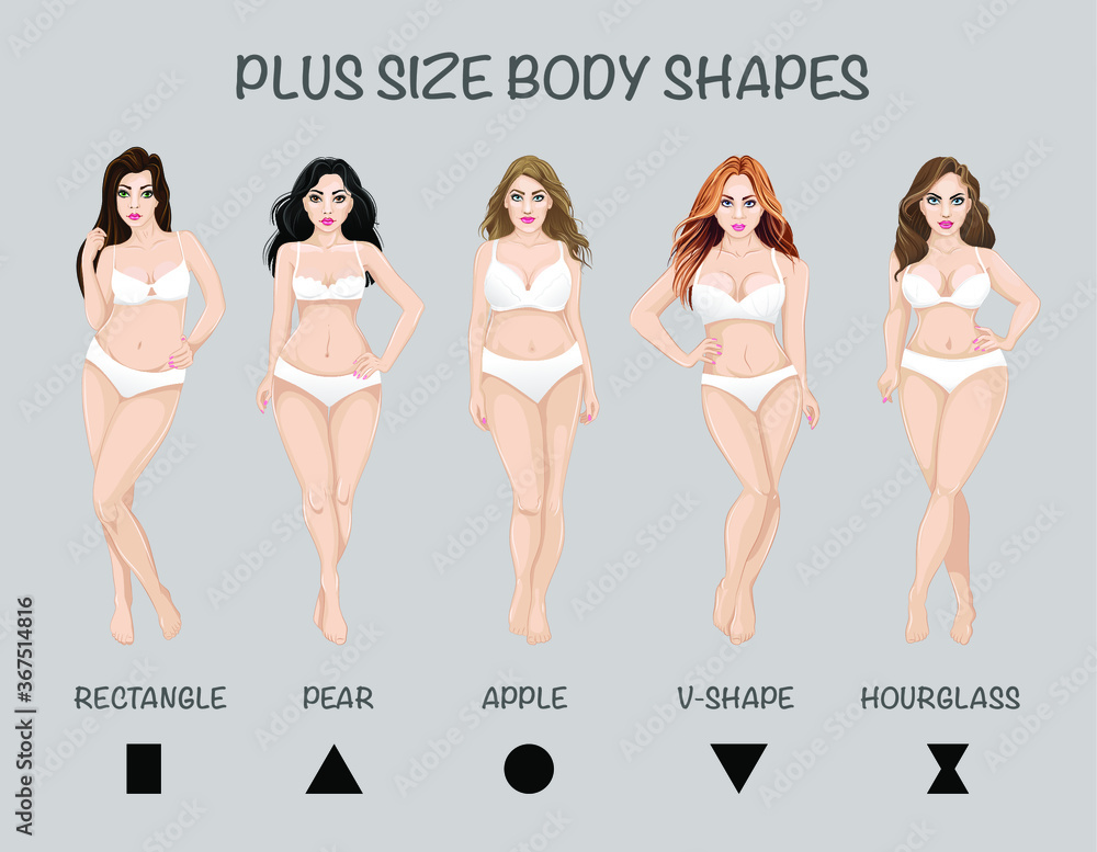 Plus size body shapes, isolated in white lingerie Stock Vector