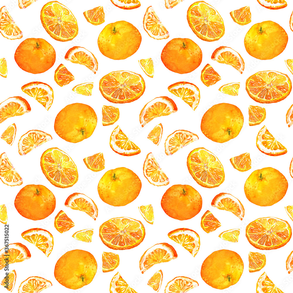 Bright pattern with oranges - whole and slices. Seamless pattern. Watercolor on white background Bright pattern with oranges - whole and slices. Seamless pattern. Watercolor on white background