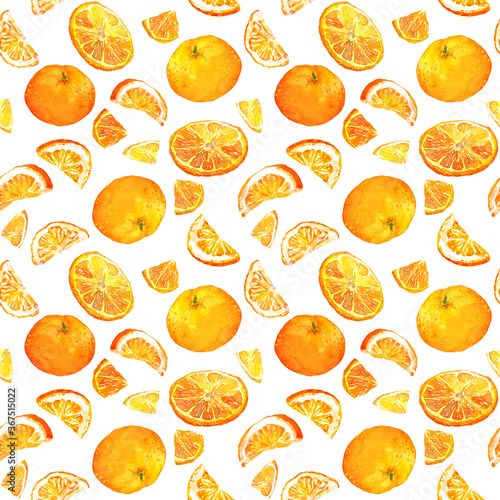 Bright pattern with oranges - whole and slices. Seamless pattern. Watercolor on white background