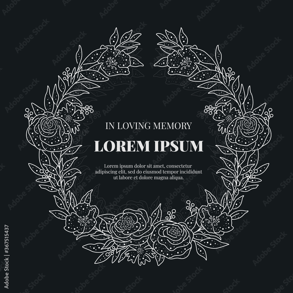 funeral card with text in abstract line Floral Circle wreath elegant style on black background vector design funeral card with text in abstract line Floral Circle wreath elegant style on black background vector design