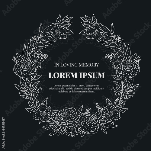 funeral card with text in abstract line Floral Circle wreath elegant style on black background vector design