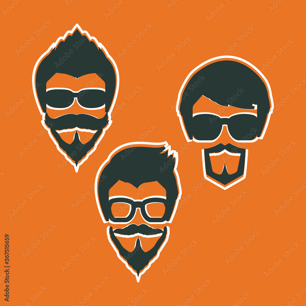Head of three men with mustache and beard using eyeglasses vector illustration