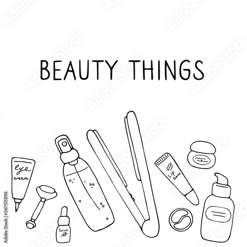 Beauty things. Products, cosmetics, tools, devices for beauty. Skin, body and hair care. Vector hand drawn illustration