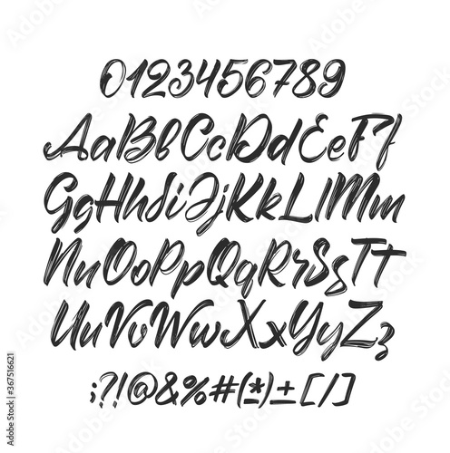 Vector Cursive Handwritten brush font. English Abc alphabet with punctuation and numbers on white background.