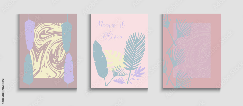 Abstract Vintage Vector Banners Set. Tie-Dye, Tropical Leaves Covers. 