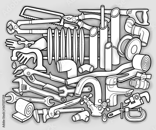 Cartoon doodles plumbing instruments illustration