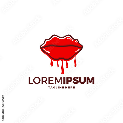 Red dripping girl lips. Woman bleeding sexy red mouth. Melting kiss with lipstick, gloss. Valentines, mothers day logo.