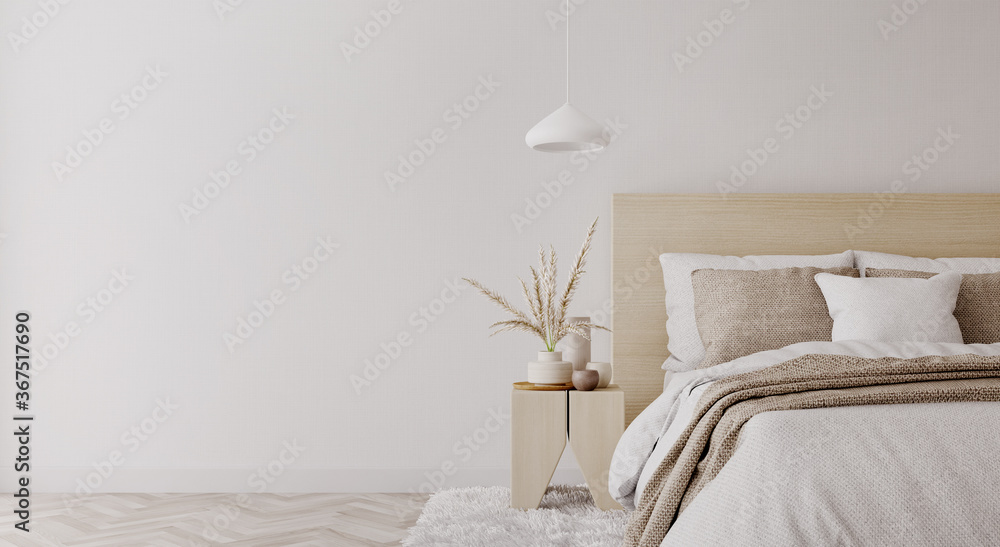 White bedroom interior.Earth tones design.3d rendering - obrazy, fototapety, plakaty 