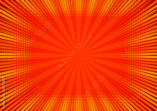 Abstract comic orange background for style pop art design. Retro burst template backdrop. Light rays effect. Vintage comic book style  halftone modern print texture  vector.
