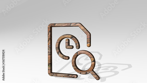TIME CLOCK FILE SEARCH casting shadow with two lights. 3D illustration of metallic sculpture over a white background with mild texture. alarm and concept