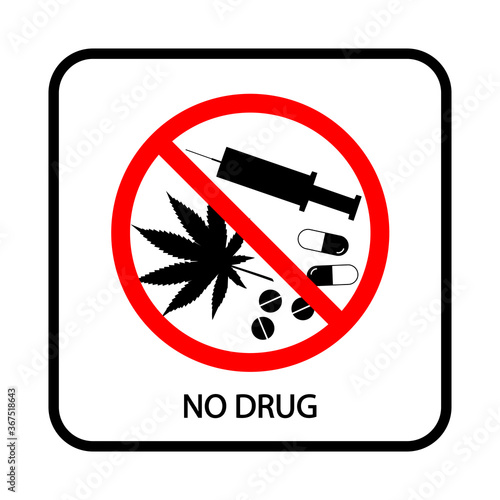 Set of different types of drugs. Sign prohibiting the use of drugs. Vector picture. Can be used for public places. Set: syringe, pills, marijuana.