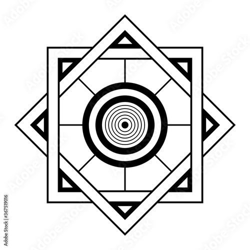 Abstract geometric symbol. Sacred geometry sign with geometric shapes. Isolated on white background. Black linear shapes. Mstic mandala, spiritual design. Elegant tattoo art. Vector elements.