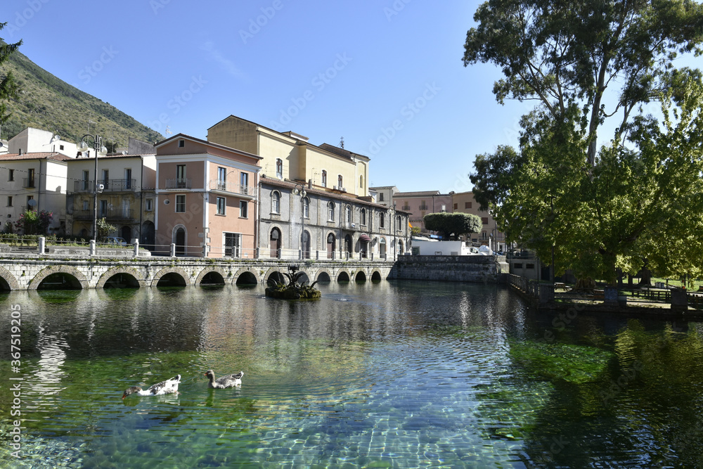 View of the small lake in the public park of Venafro, a medieval village in the Molise region.
