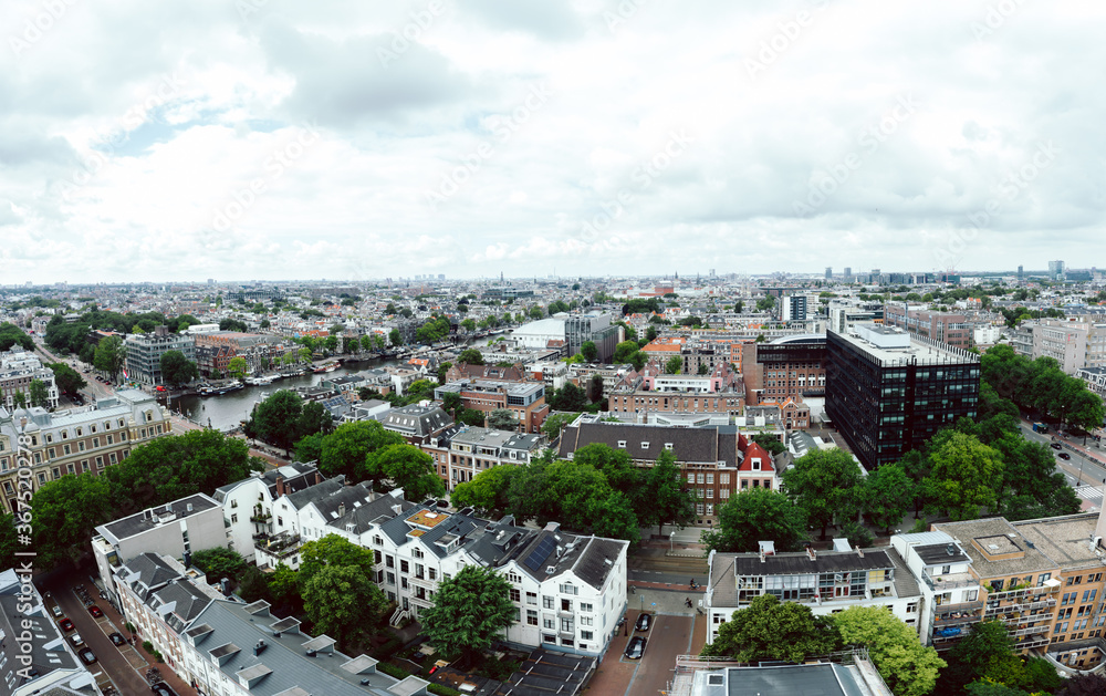 Amsterdam cityscape drone view from above in summer