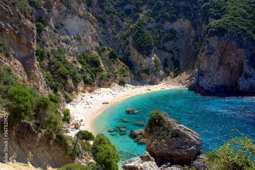 Best beach as seen from a higher angle with crystal clear azure water and empty beache in Corfu (Corfu, Greece, Europe)