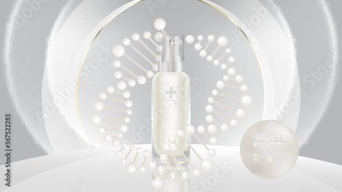 Beauty product ad design, white cosmetic container with collagen solution advertising background ready to use, luxury skin care banner, illustration vector.