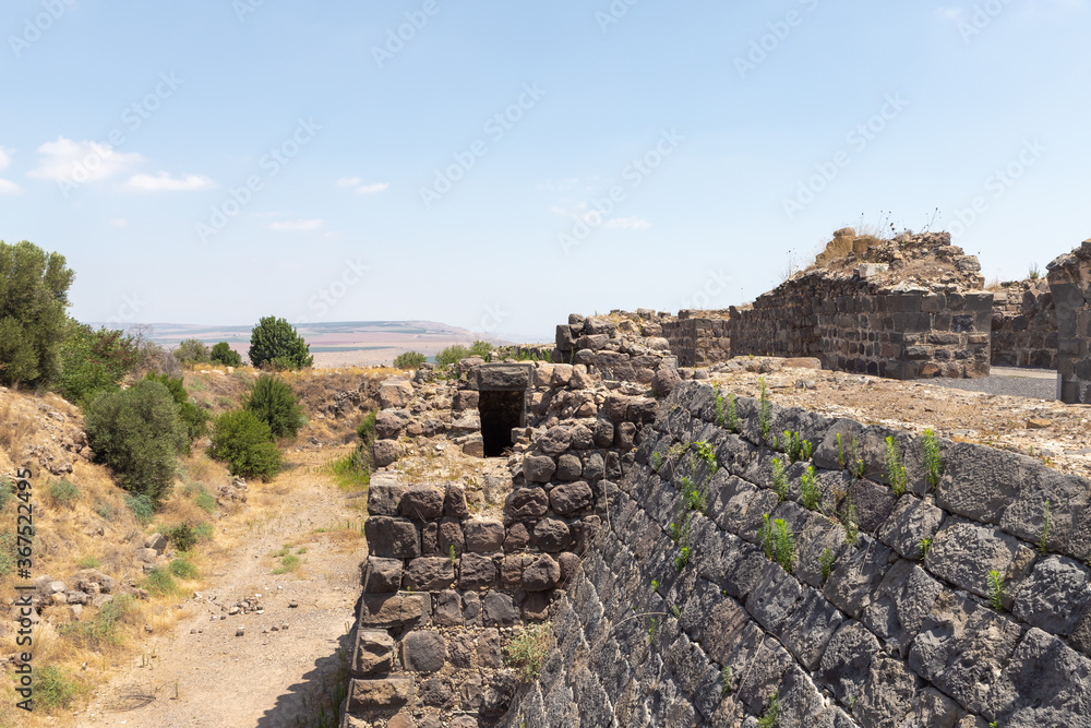 Remains of the outer walls on the ruins of the great Hospitaller fortress - Belvoir - Jordan Star - located on a hill above the Jordan Valley in Israel