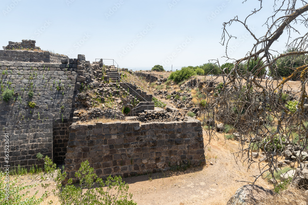 Remains of the outer walls on the ruins of the great Hospitaller fortress - Belvoir - Jordan Star - located on a hill above the Jordan Valley in Israel