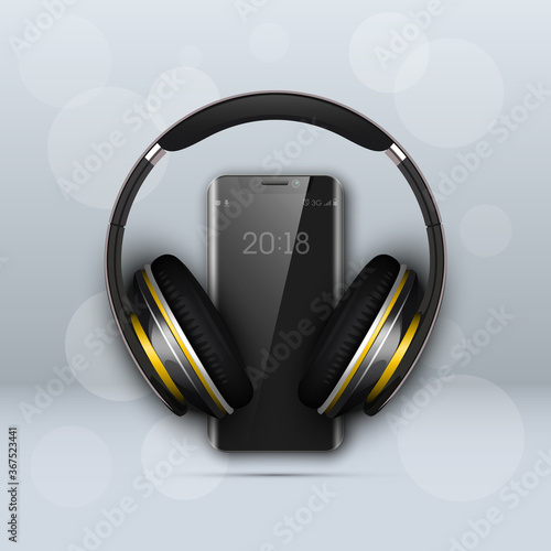 Image headphones on smartphone latest model background. Device for listening music on phone latest model background. Color stereo headphone for listening audio from phone. Banner earphones music party
