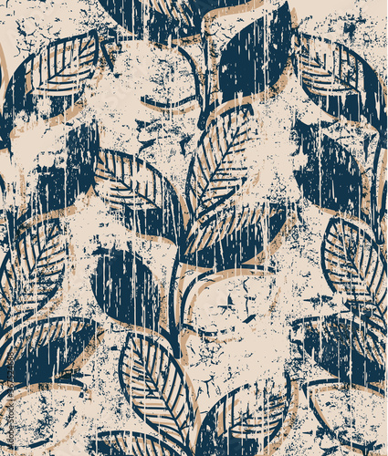 Twigs with leaves vintage pattern design. Grunge style