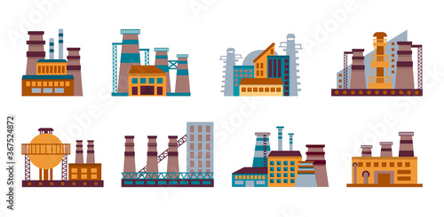 Factory icon set. Set of Industrial factories in flat style isolated on a white background.  industrial building concept. Industrial complex. Power plants with chimneys, pipes and tanks.