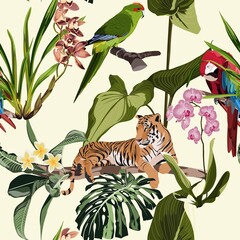 Sierkussen Tropische print patronen Vintage tijger en papegaai jungle  © Iuliia