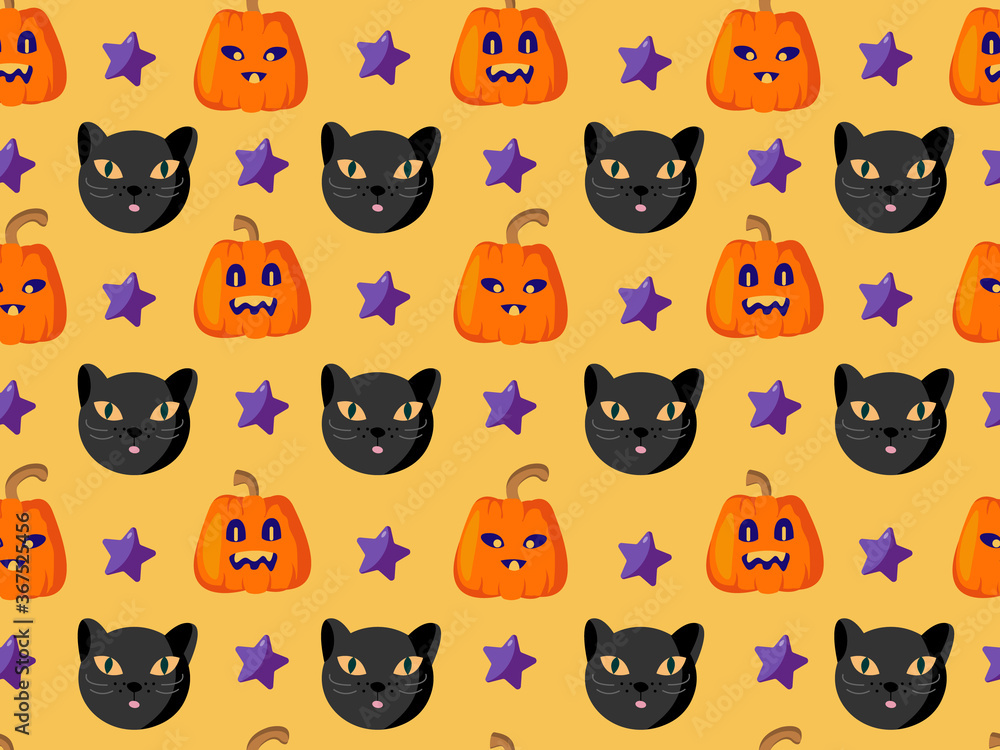 Halloween Endless seamless pattern. Bright background with cute pumpkins and a muzzle of a black cat, purple stars. For textiles, paper, themed retail textiles, packaging of traditional sweets Halloween Endless seamless pattern. Bright background with cute pumpkins and a muzzle of a black cat, purple stars. For textiles, paper, themed retail textiles, packaging of traditional sweets