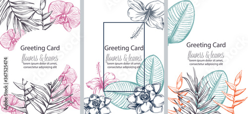 Set of greeting cards with place for text. Colorful flowers and leaves in lin...