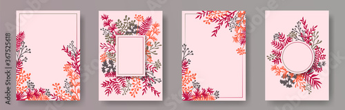 Watercolor herb twigs, tree branches, leaves floral invitation cards set. Her...
