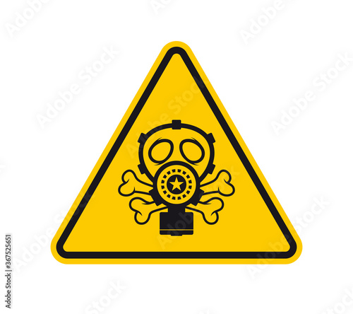 Vector yellow triangle sign - black symbol gas mask. Isolated on white background.